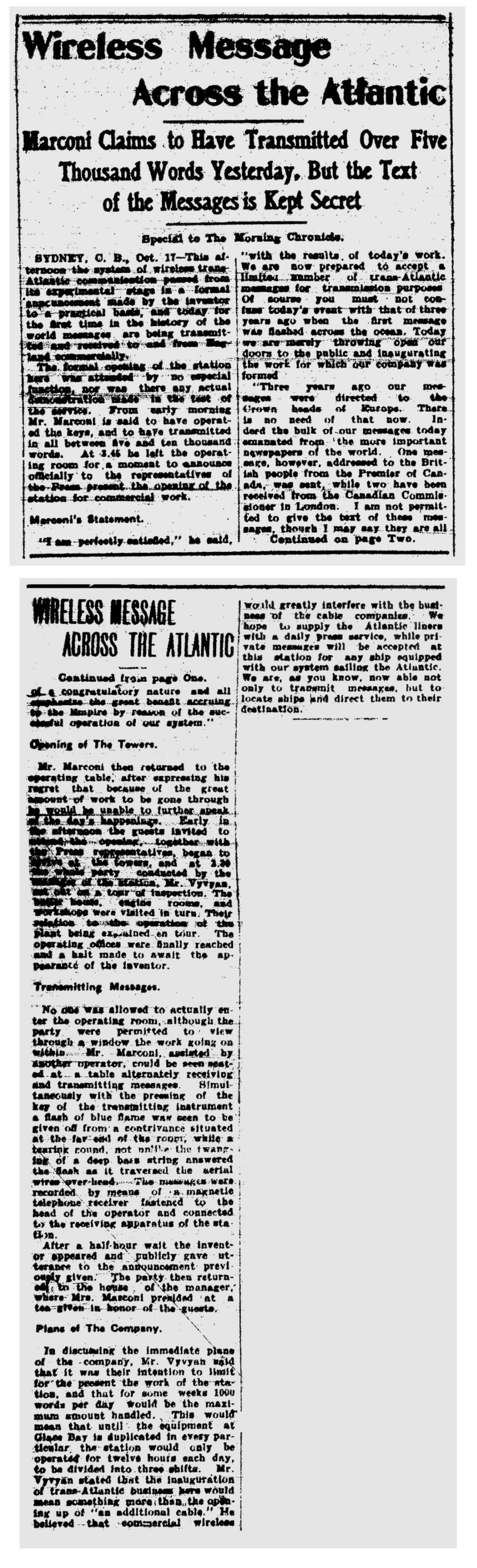 Marconi Transatlantic Wireless Telegraph, 18 October 1907