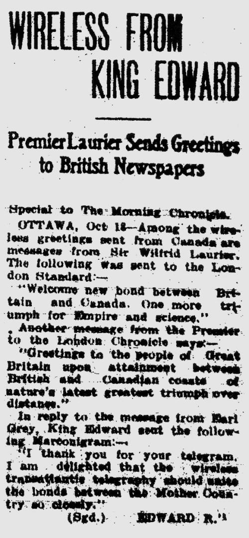 Marconi Transatlantic Wireless Telegraph, 19 October 1907