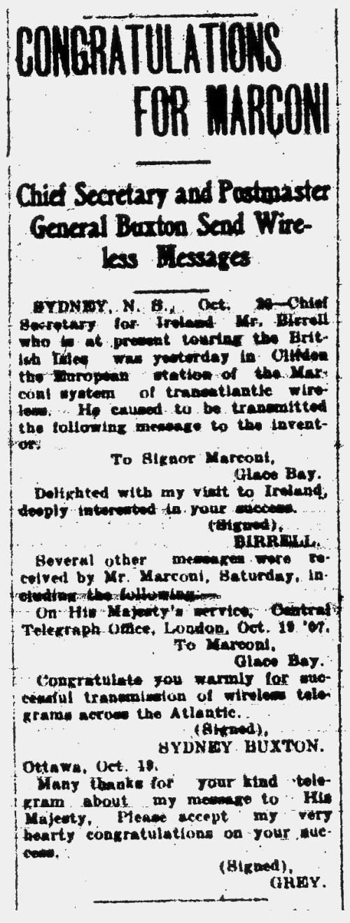 Marconi Transatlantic Wireless Telegraph, 21 October 1907