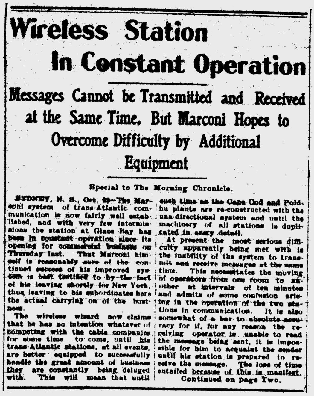 Marconi Transatlantic Wireless Telegraph, 24 October 1907