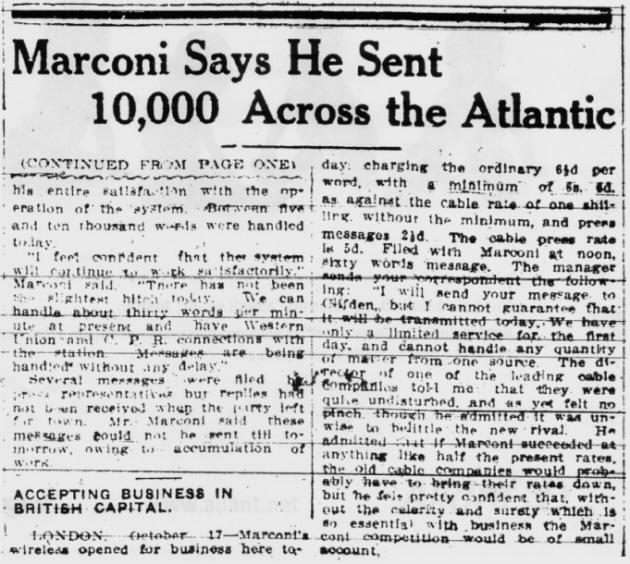 Marconi Transatlantic Wireless Telegraph, 18 October 1907