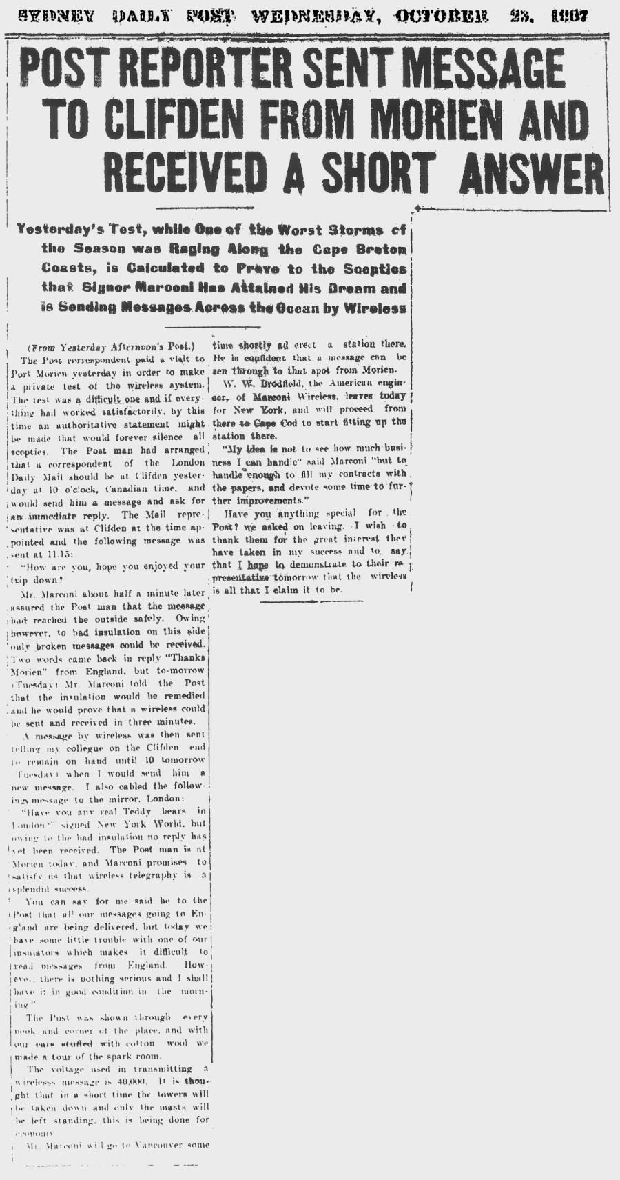 Marconi Transatlantic Wireless Telegraph, 23 October 1907