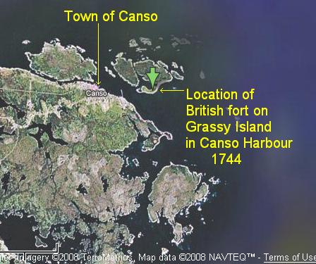 Map showing location of British fort on Grassy Island, 1744