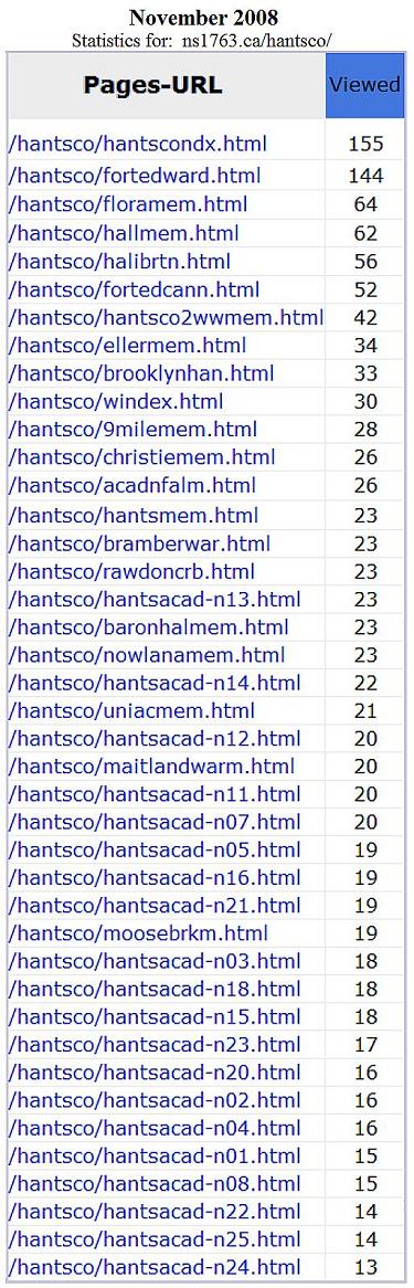Hants County monuments website: traffic statistics, Nov. 2008