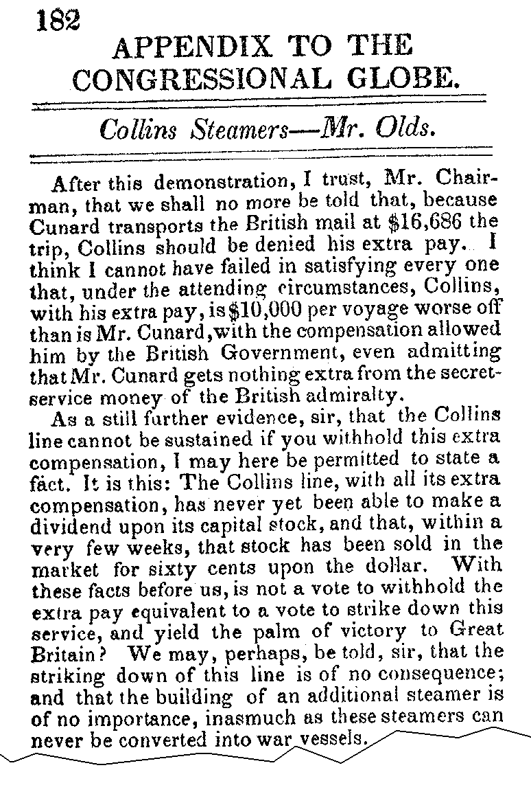 February 15, 1855: Cunard excerpts from Edson Olds' speech, page 182 column 1