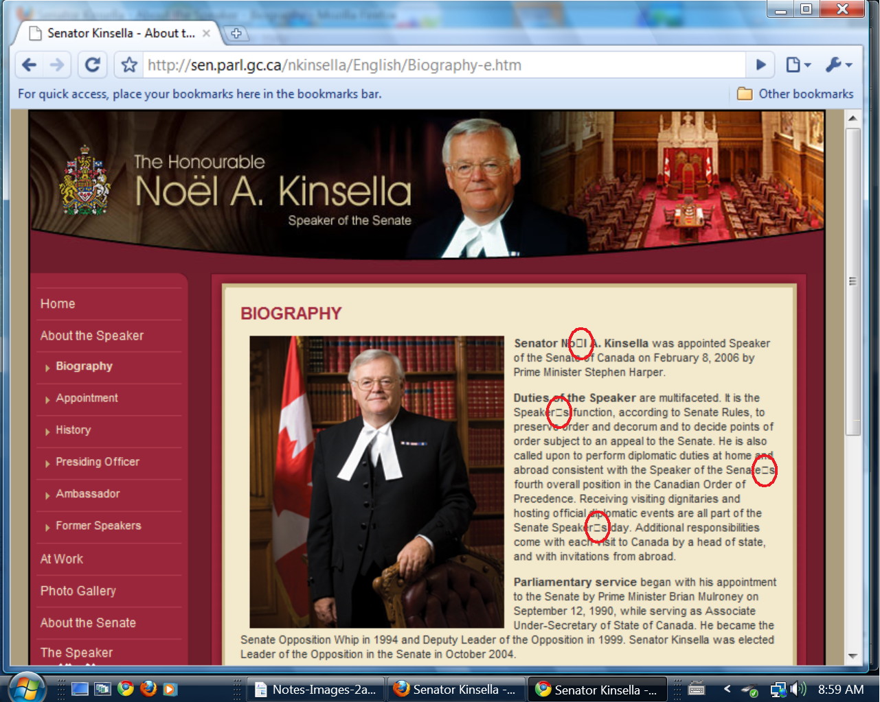 Senate Speaker's website as it appeared in April 2010 (displayed in contemporary Chrome browser), riddled with coding mistakes – attributable to the Senate's use of obsolete website management software