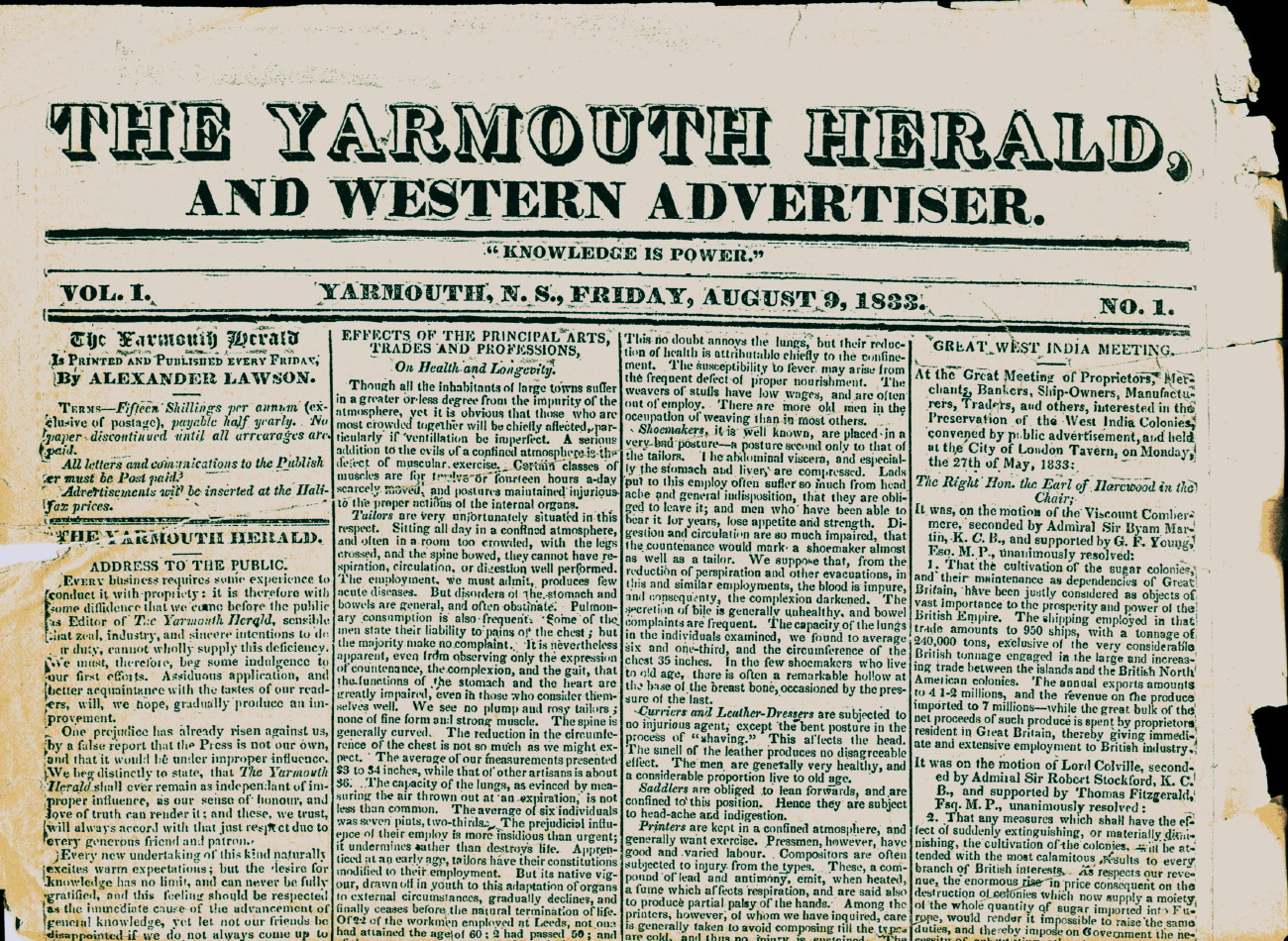 The Yarmouth Herald front page first issue, volume one, number one, 9 August 1833