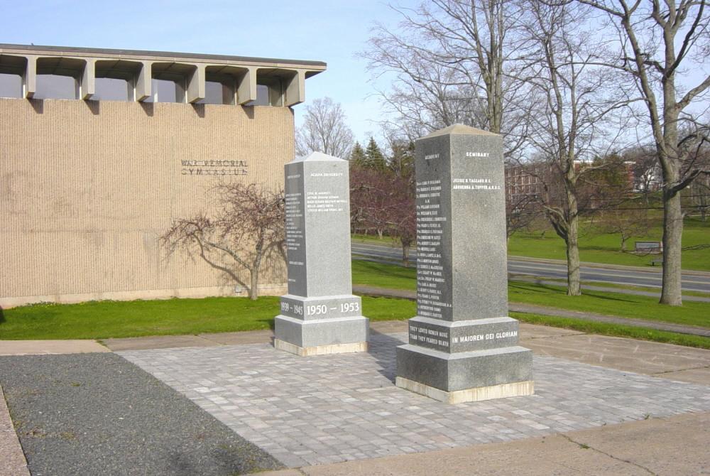 Two memorial monuments at War Memorial gymnasium, Acadia University, Wolfville, Nova Scotia