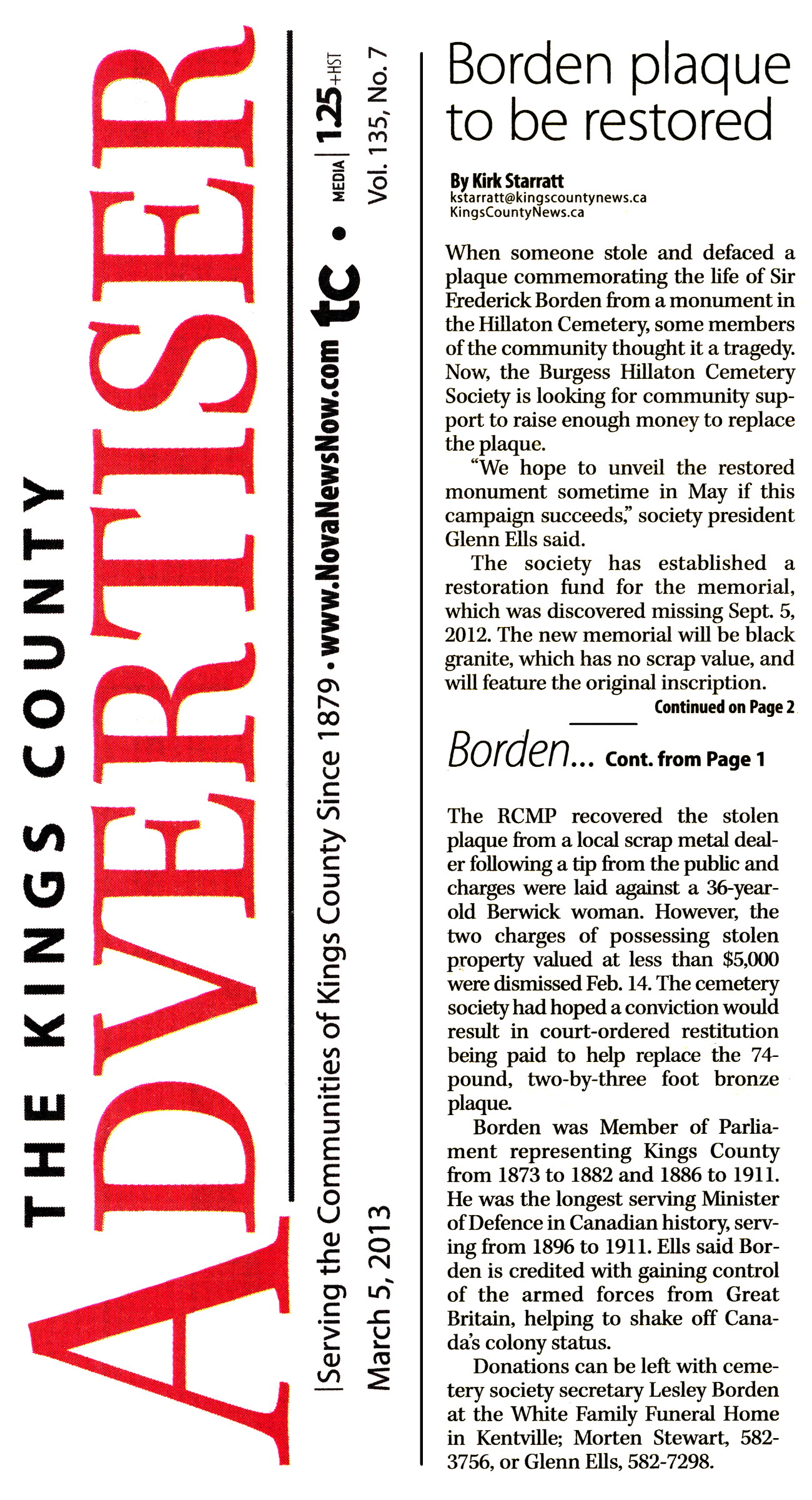 Borden plaque to be restored, Kings County Advertiser, 5 March 2013