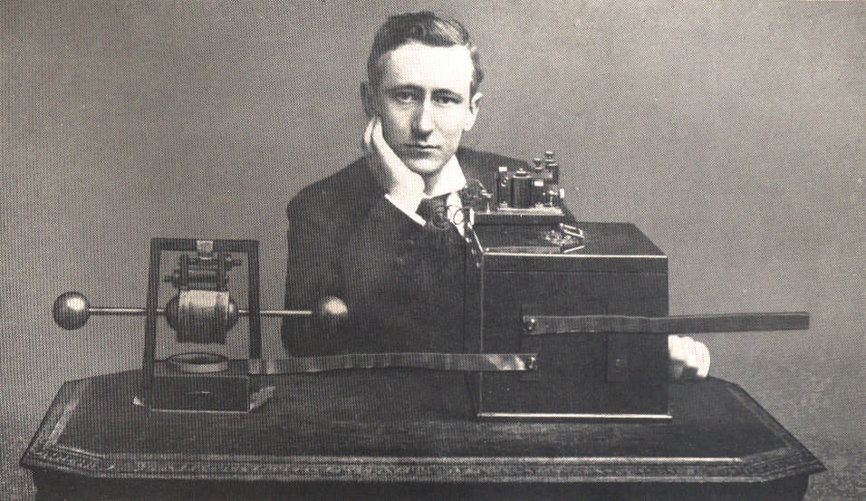 Marconi with early apparatus in England, 1896