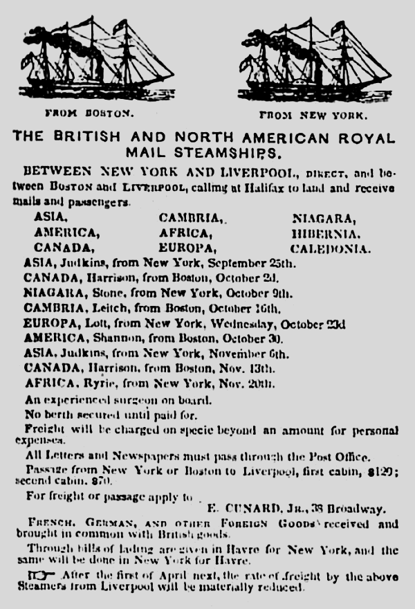Cunard Steamship schedule, 1850