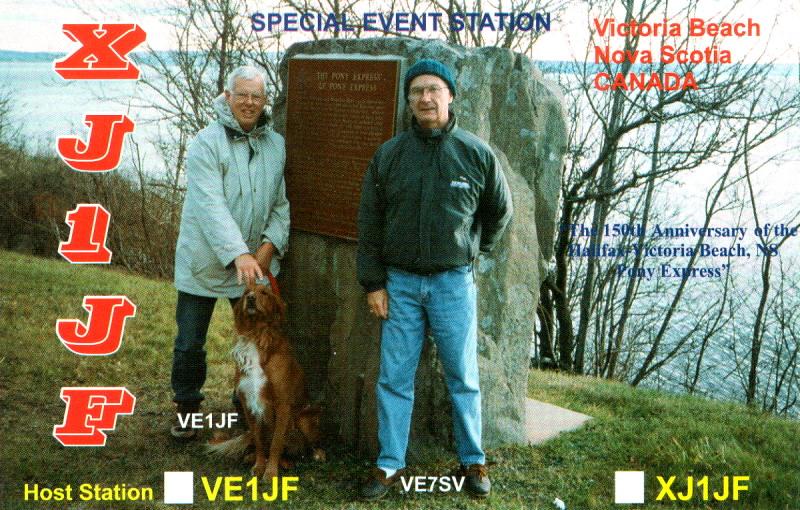 Nova Scotia Pony Express, 1999 celebration, QSL for XJ1JF (front)