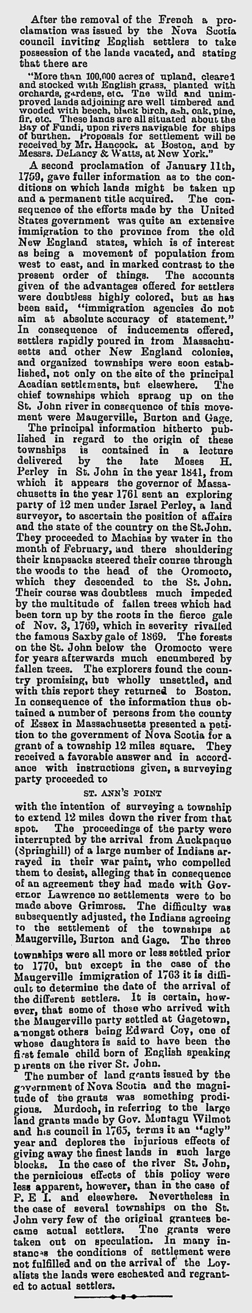 This is an image of an article, about events in the area now known as New Brunswick, associated with the official Proclamation issued by Nova Scotia Governor Lawrence on 12 October 1758, as published in the Saint John Daily Sun, 19 July 1892.