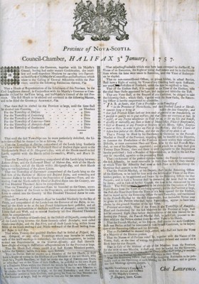 For a larger view, click on this image of the original Proclamation issued by Nova Scotia Governor Lawrence in January 1757.