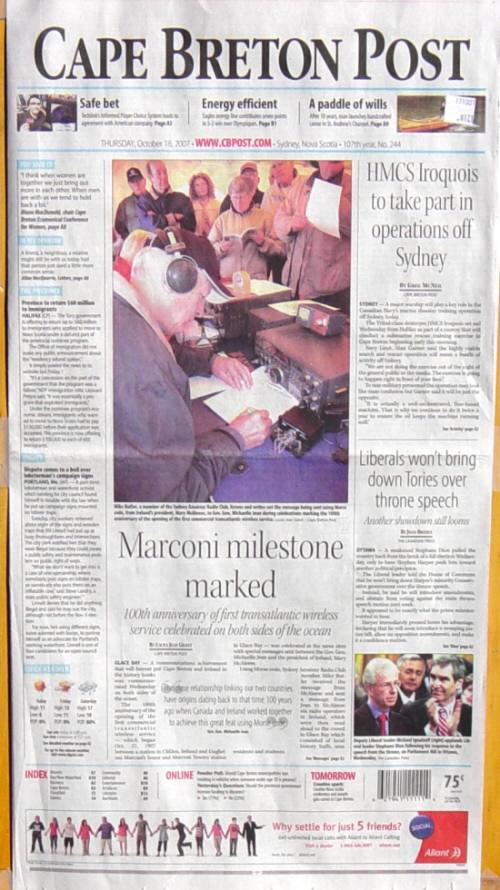 Cape Breton Post front page, 18 Oct 2007