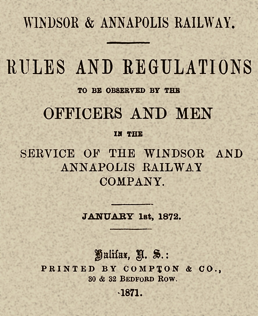 Windsor and Annapolis Railway Rule Book 1872