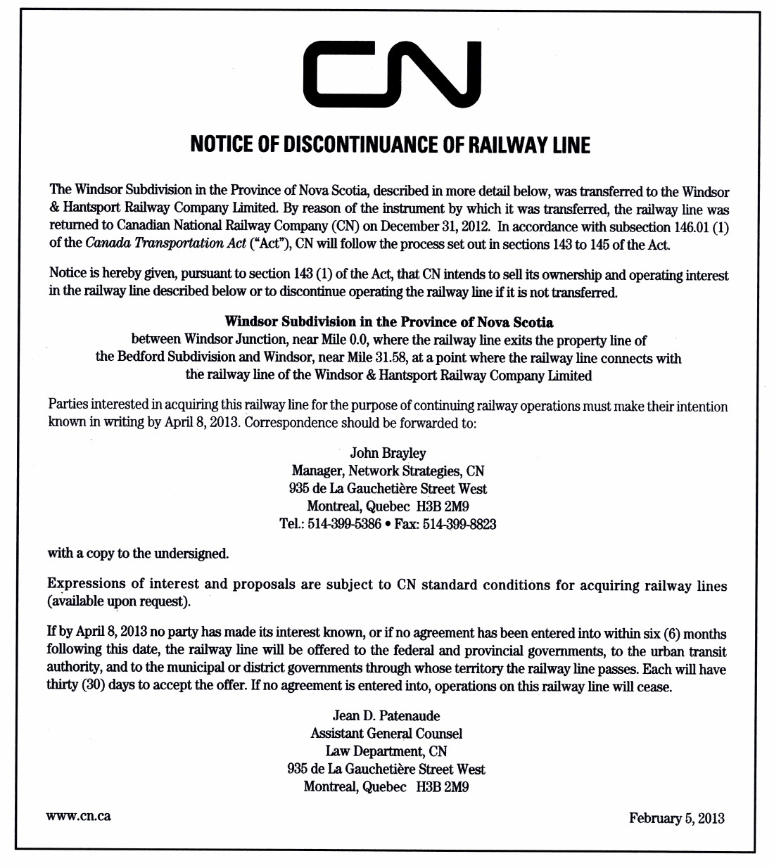 CN: Notice of Discontinuance, Windsor Subdivision, Halifax and Hants Counties, Nova Scotia, 5 Feb 2013