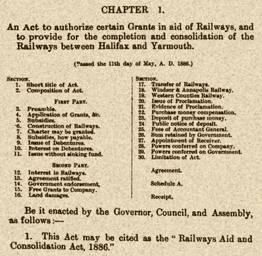 Nova Scotia Railways Aid and Consolidation Act 1886