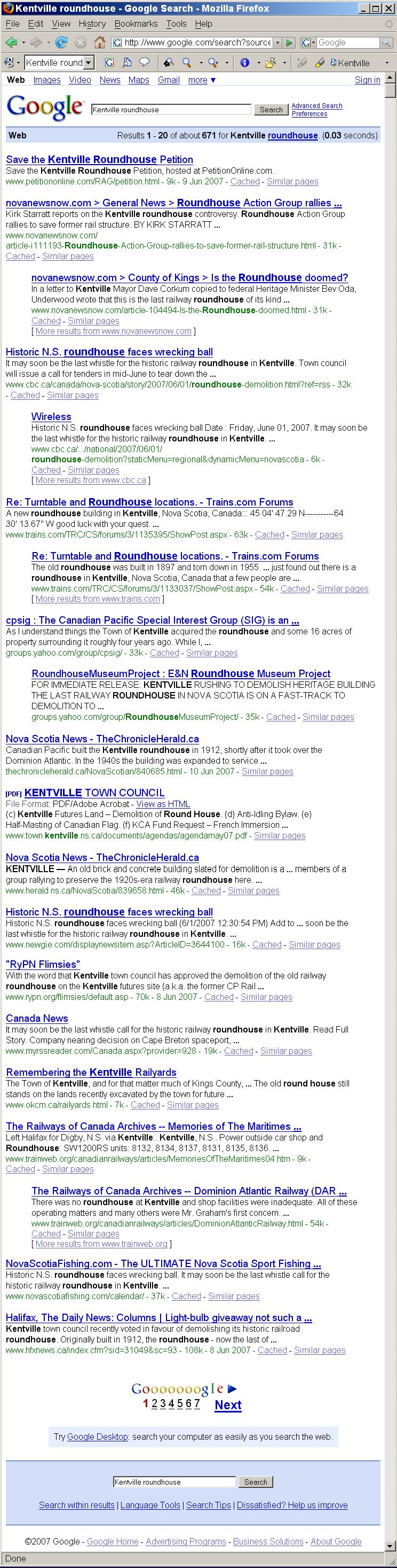 Kentville Roundhouse on the WWW, 10 June 2007, Top Twenty Google hits
