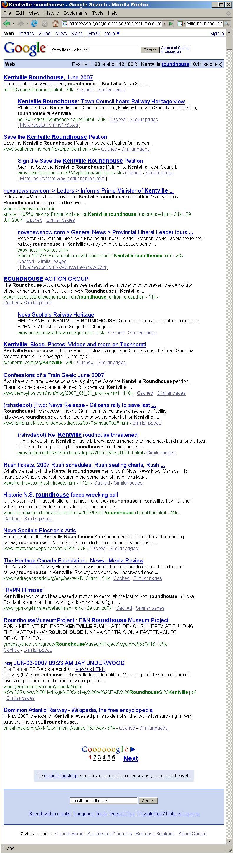 Kentville Roundhouse on the WWW, 1 July 2007, Top Twenty Google hits