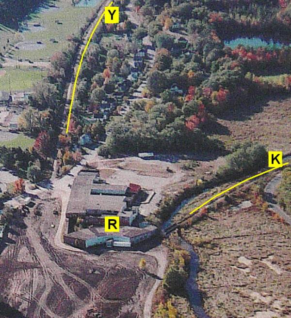 Annotated aerial view, Dominion Atlantic Railway roundhouse at Kentville