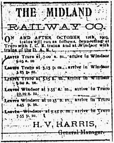 Nova Scotia: 1903, Midland Railway passenger train schedule