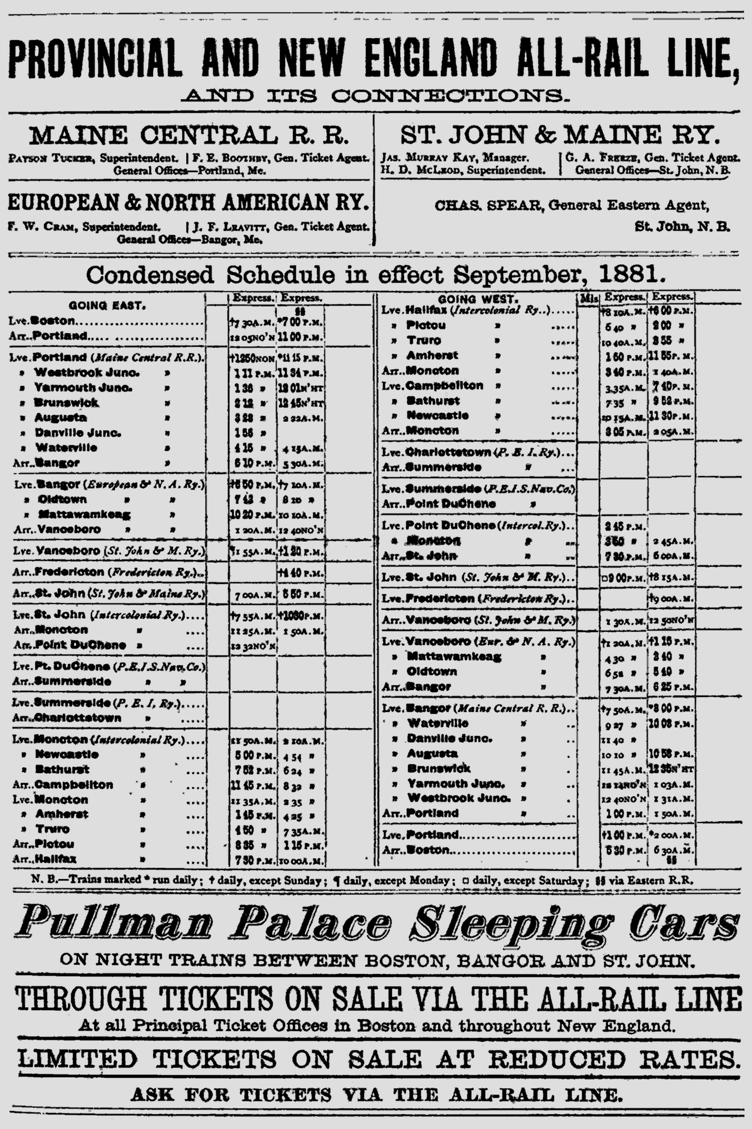 1881 timetable, Provincial and New England All Rail Line