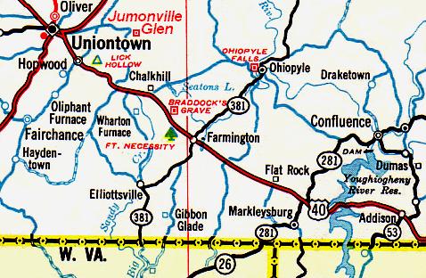 French and Indian War: map showing the location of Jumonville Glen and Braddock's Grave