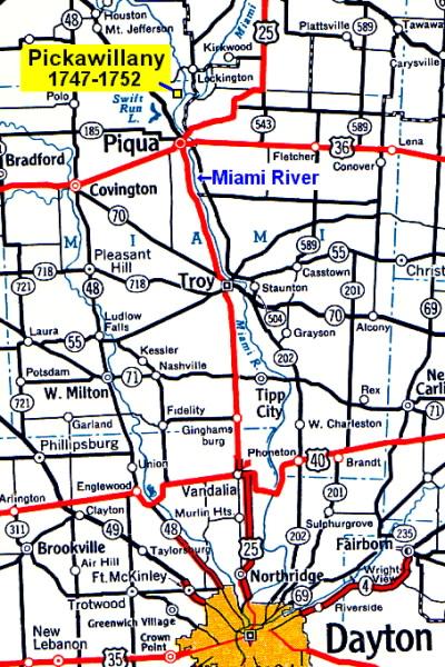 Seven Years War map of Ohio, showing the location of Pickawillany